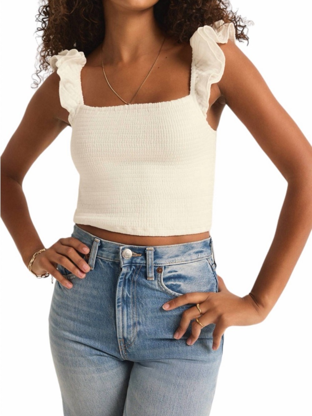 Z Supply White Smocked Crop Tank Ruffle Strap Summer Top Size Small NWT